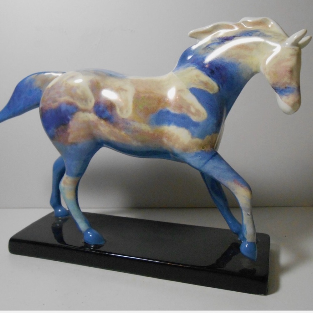 Blue and Cream Ceramic Horse Sculpture